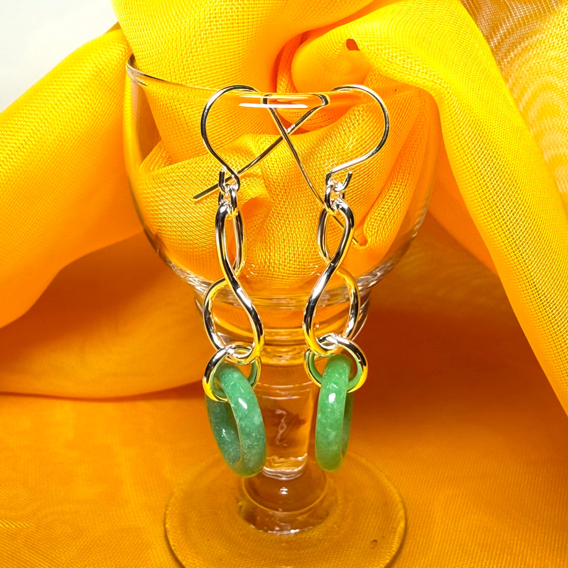 A round real green jade sterling silver dangling dropped earrings, simply gorgeous pair of earrings