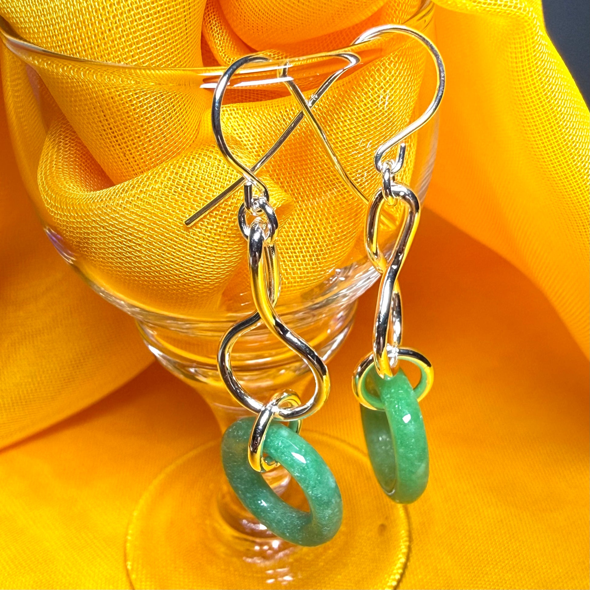 A round real green jade sterling silver dangling dropped earrings, simply gorgeous pair of earrings