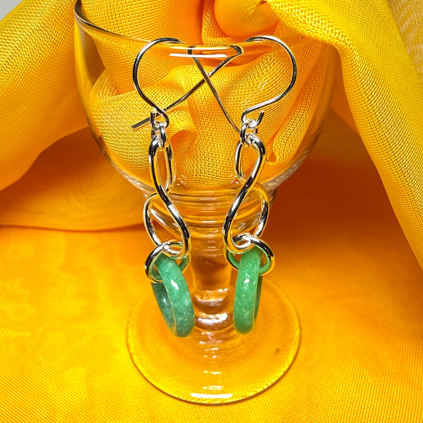 A round real green jade sterling silver dangling dropped earrings, simply gorgeous pair of earrings