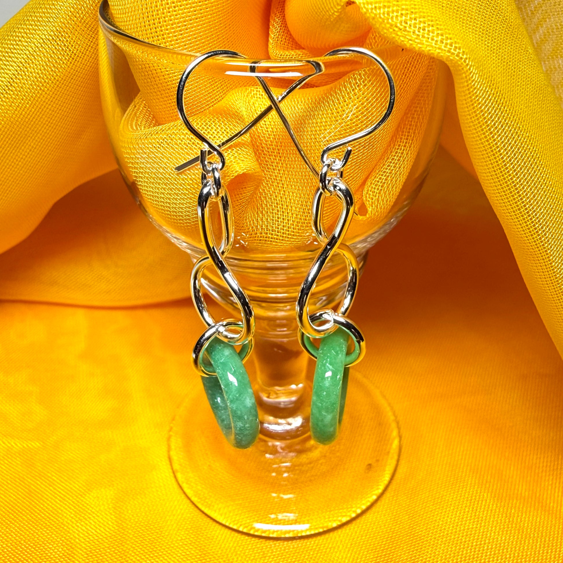 A round real green jade sterling silver dangling dropped earrings, simply gorgeous pair of earrings