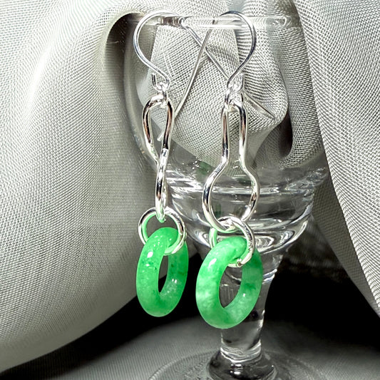 A rounded shaped real green jade sterling silver looped dangling dropped earrings
