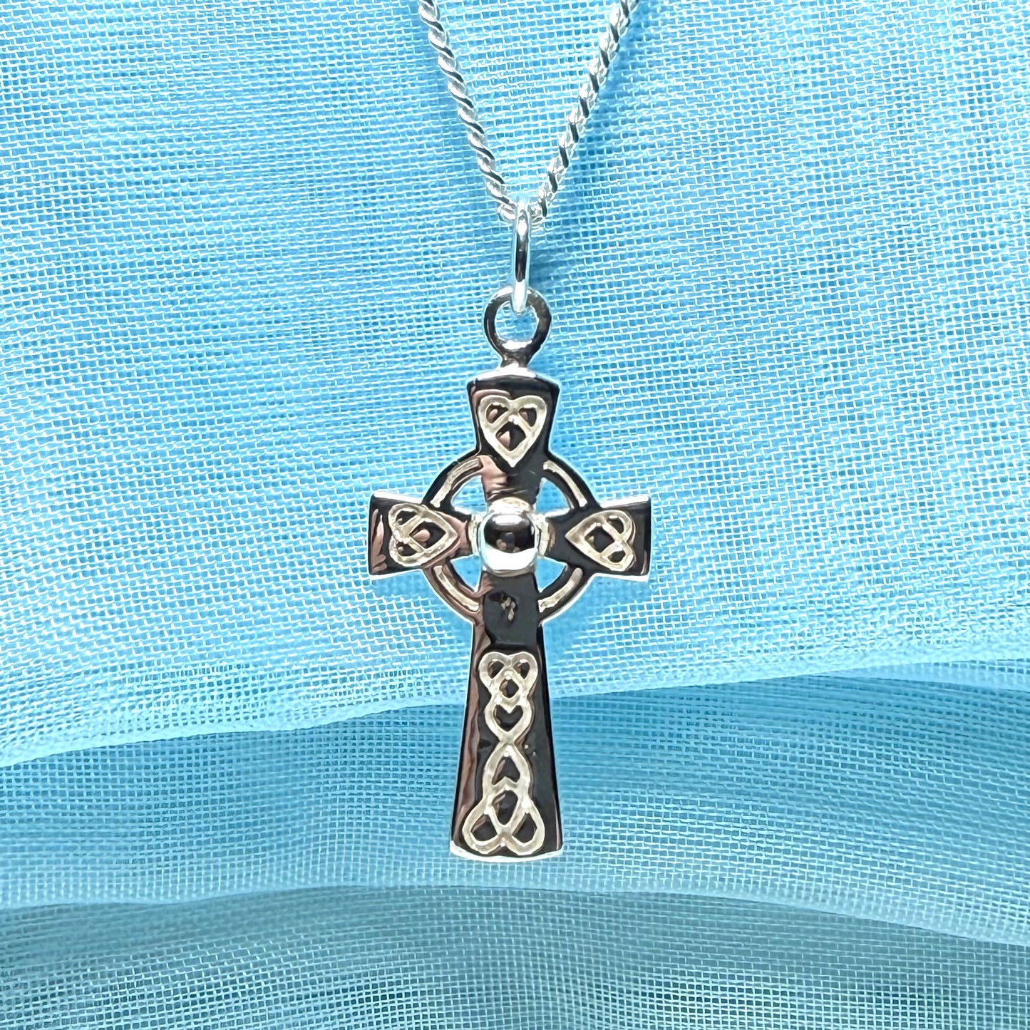 Small Patterned Sterling Silver Celtic Cross Including Chain