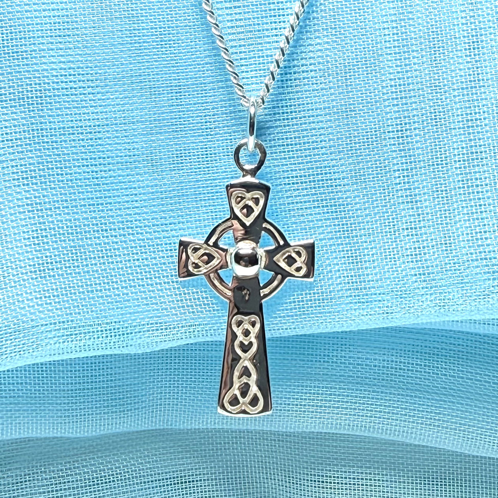 Small Patterned Sterling Silver Celtic Cross Including Chain
