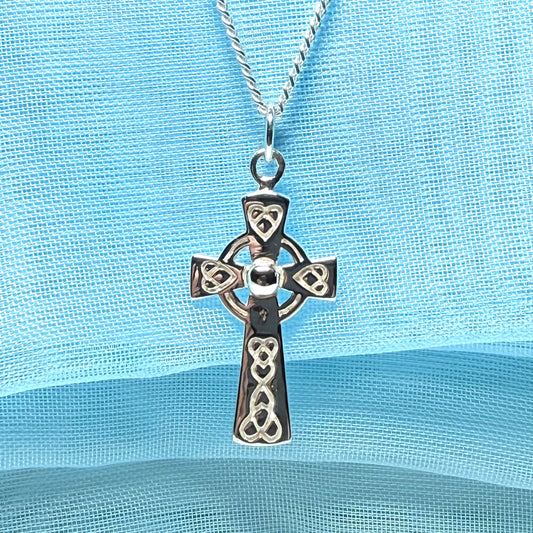 Small Patterned Sterling Silver Celtic Cross Including Chain