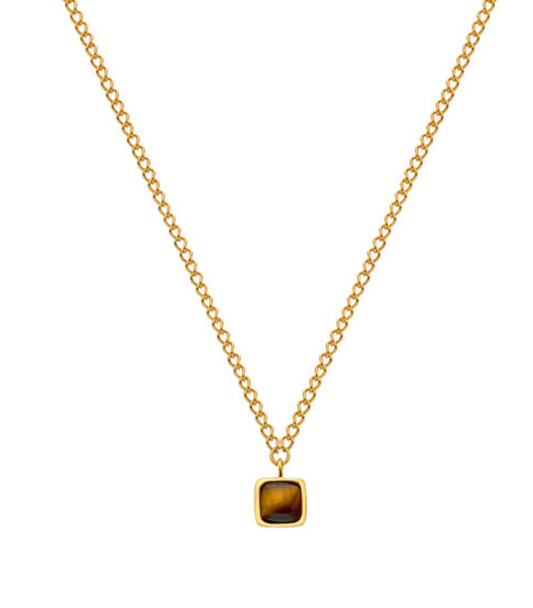 A small real Tiger Eye square shaped necklace sterling silver gold plated