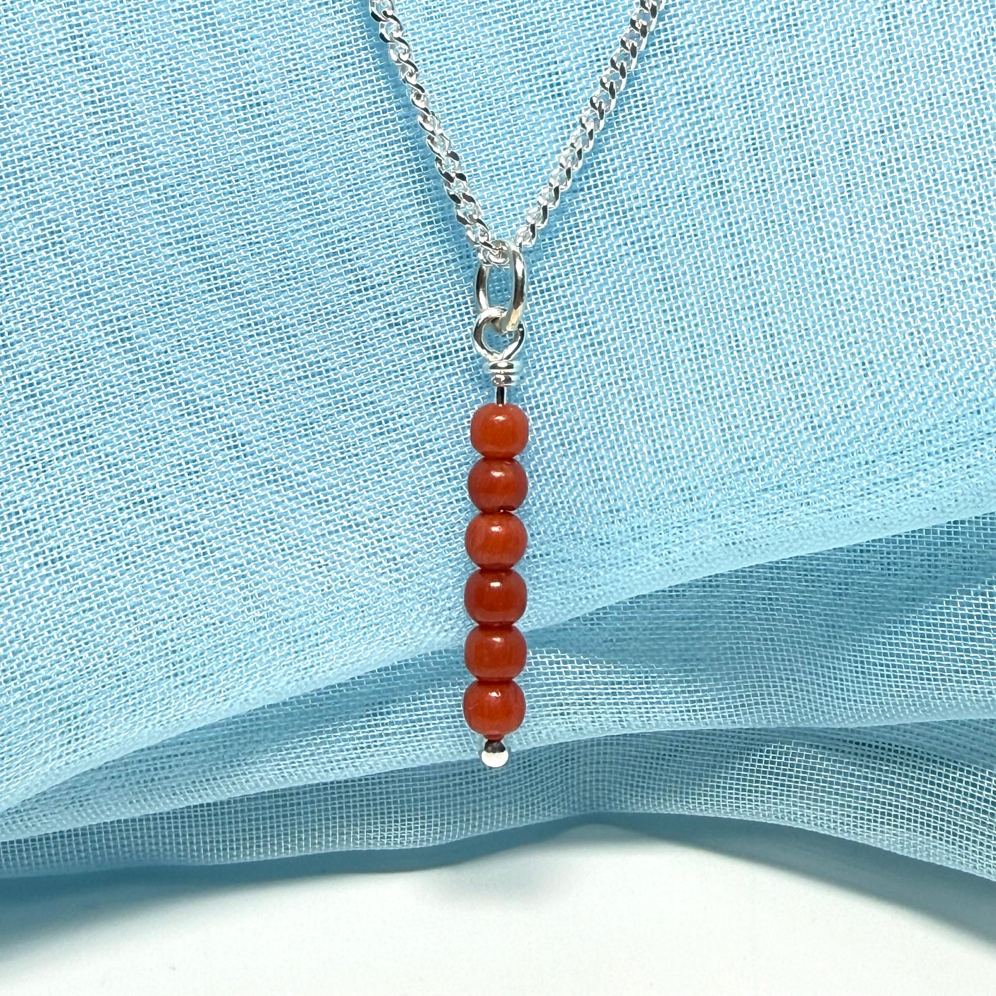 Small real coral necklace round long designed pendant with chain