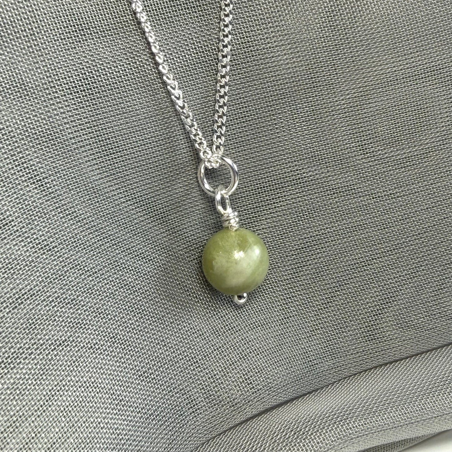 Small real green gypsum round necklace ball shape pendant with chain measuring 8.5 mm in diameter