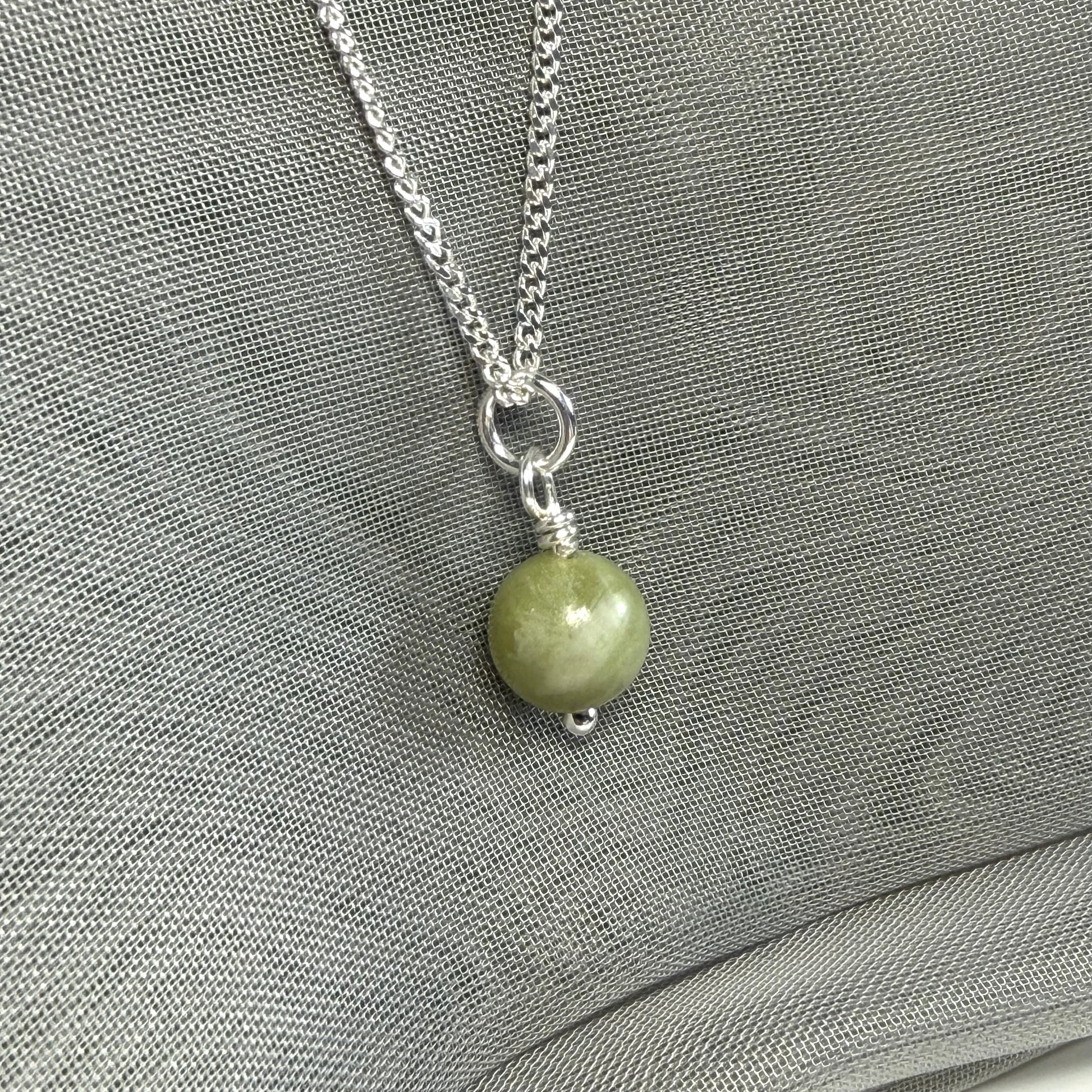 Small real green gypsum round necklace ball shape pendant with chain measuring 8.5 mm in diameter