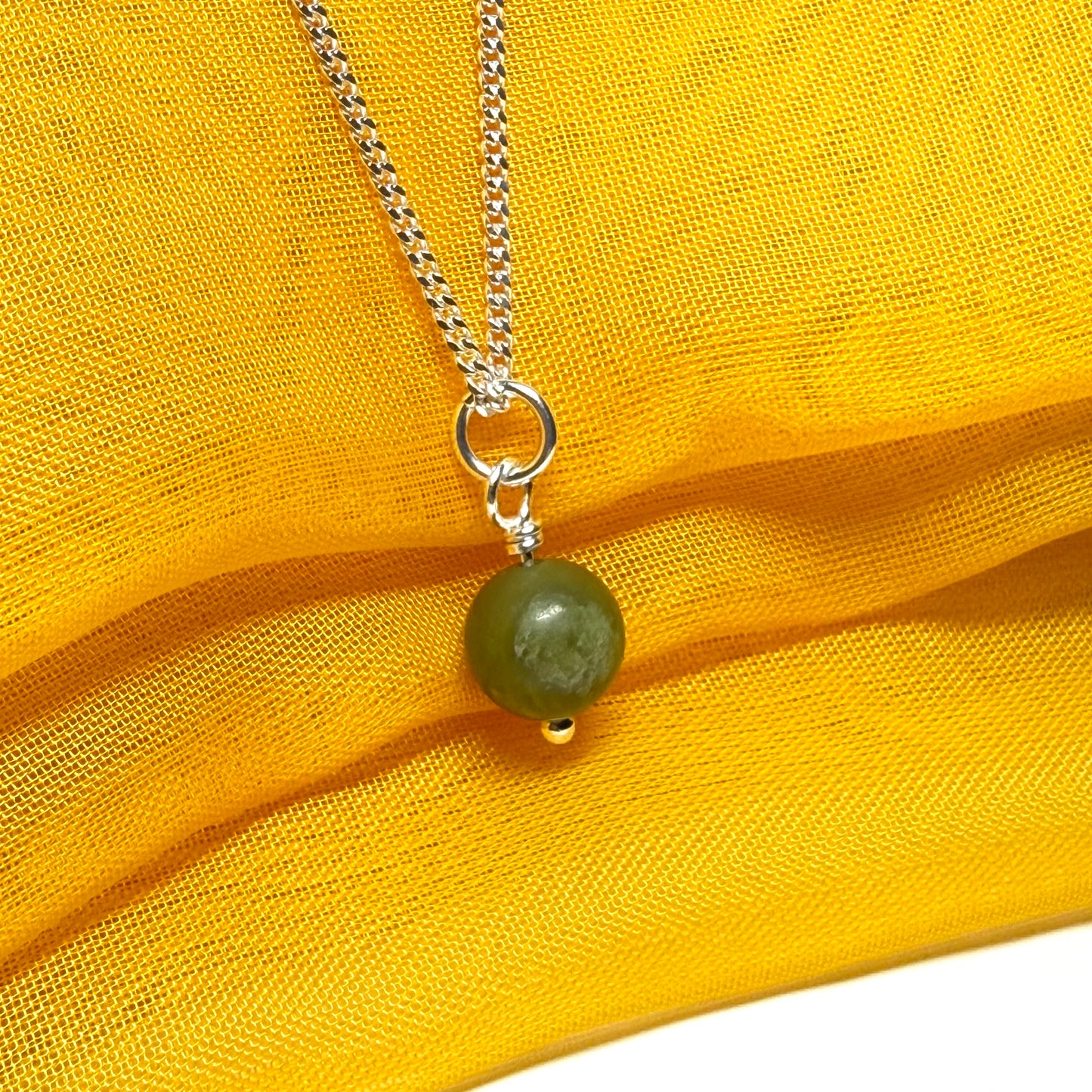 Small round real green gypsum necklace ball shape pendant with chain 8.5 mm diameter