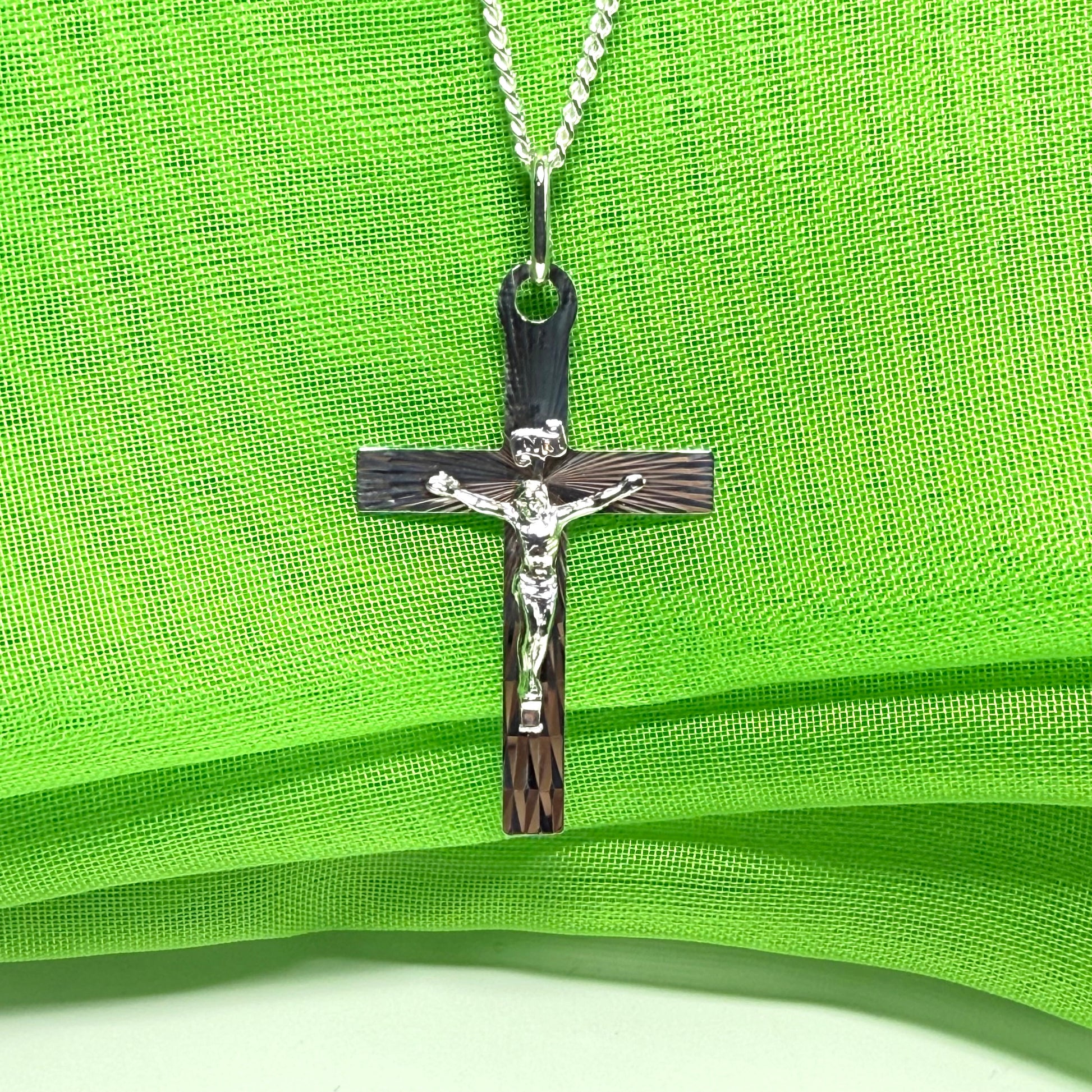 Solid flat diamond cut sterling silver crucifix cross necklace with a chain included