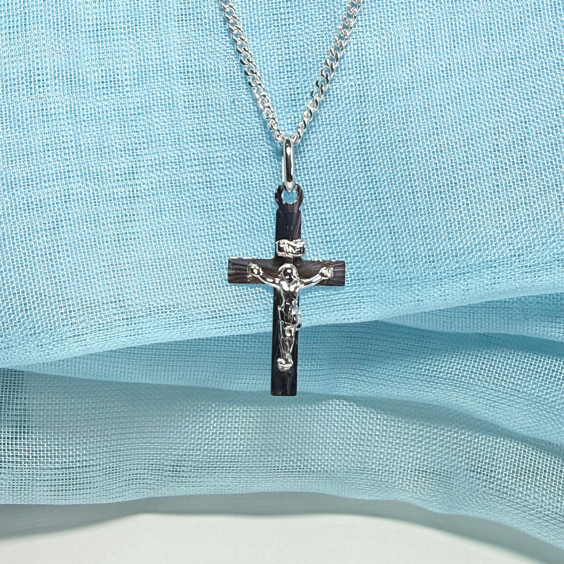 Solid flat sterling silver small crucifix cross necklace with a chain included