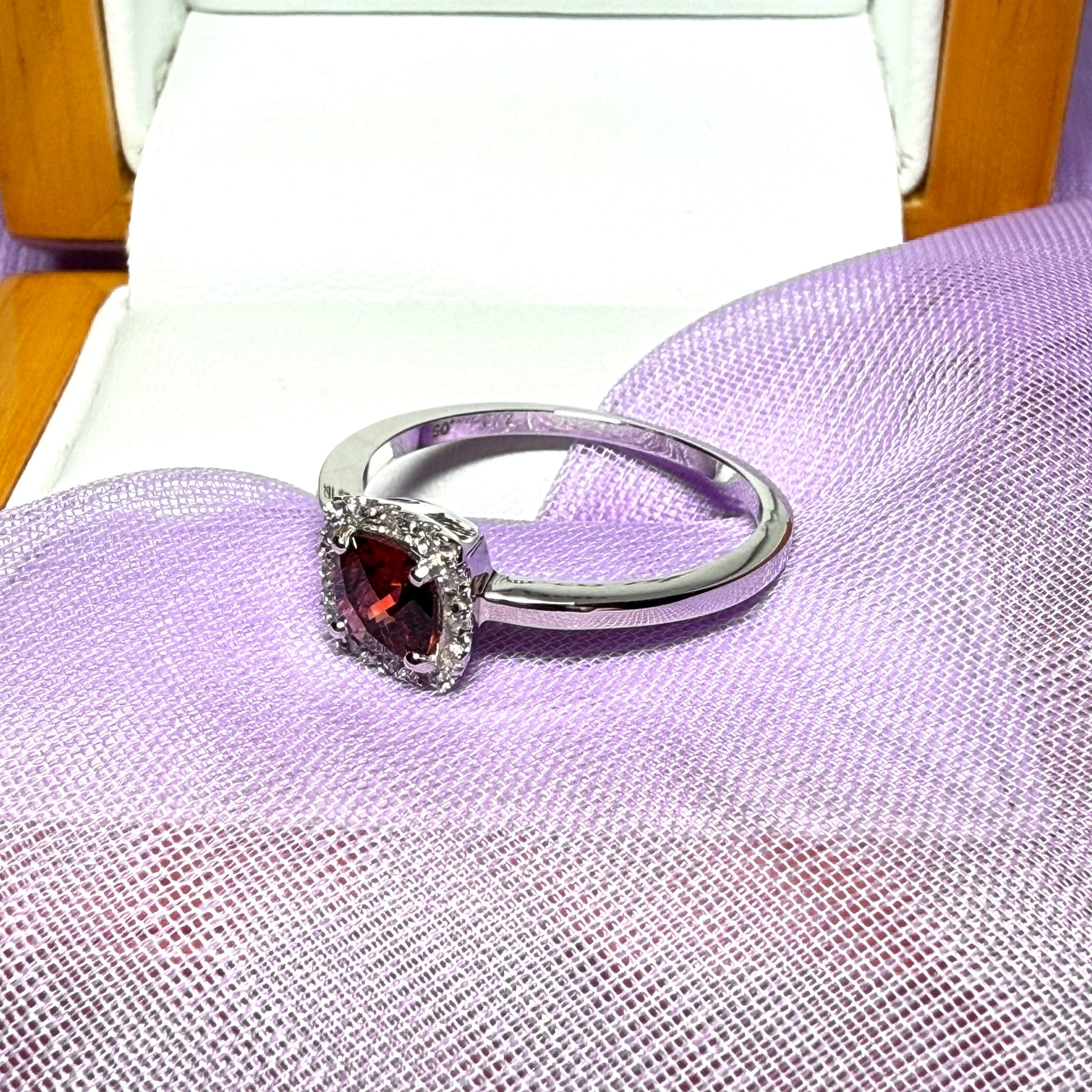 White gold real garnet and diamond cluster ring