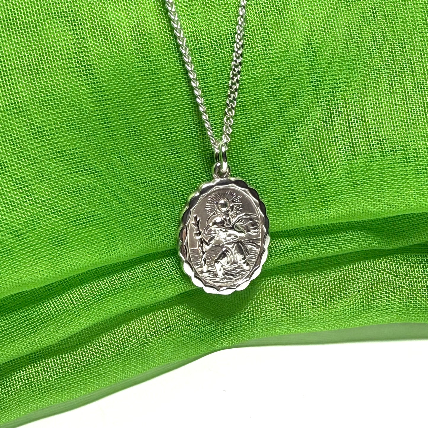Sterling silver oval double sided St. Christopher with chain