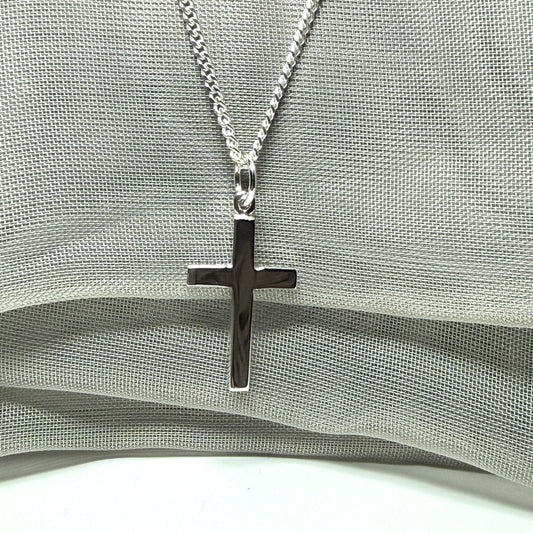 Sterling silver plain polished cross flat design with a chain