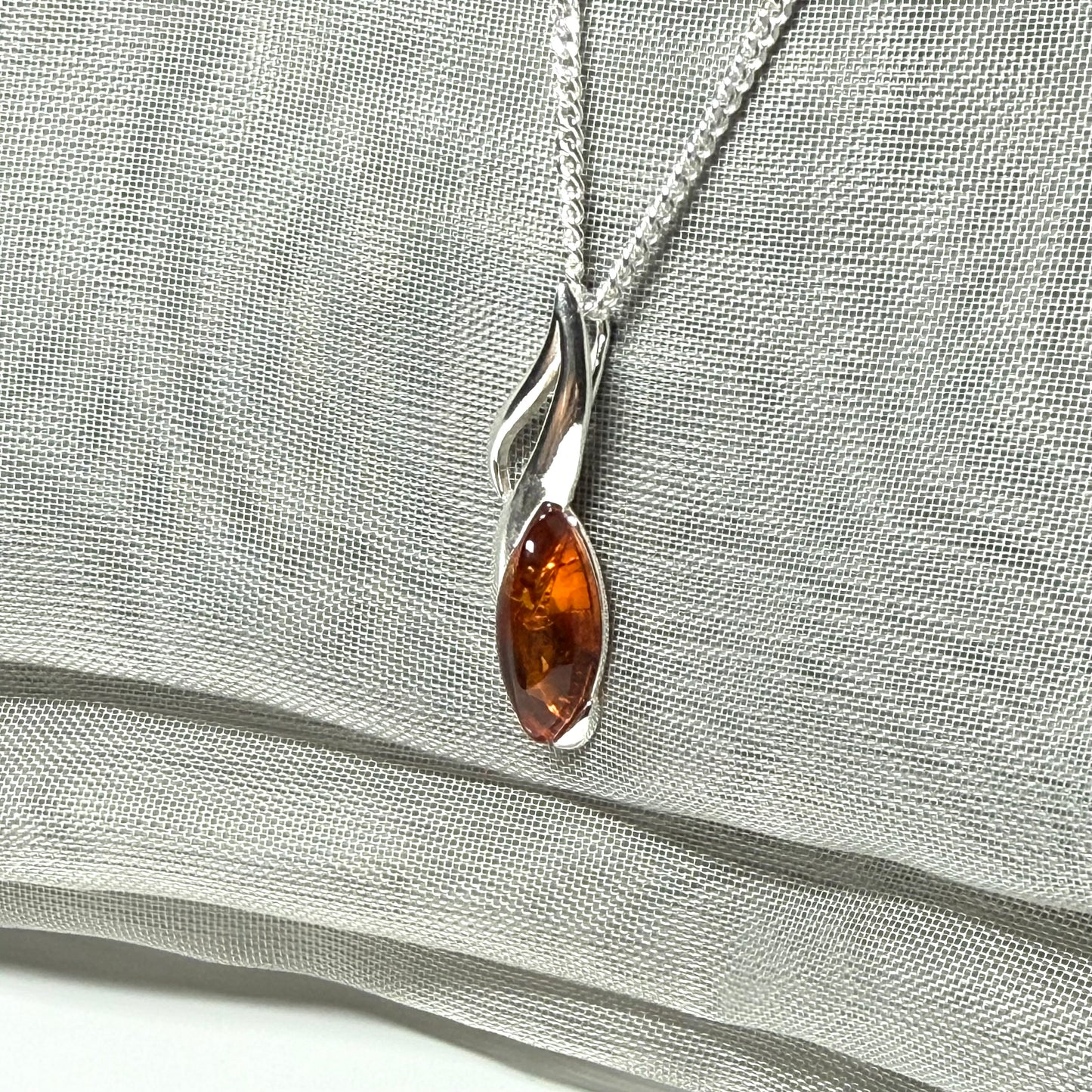 Sterling silver real amber marquise shape necklace open pierced pendant with a chain
