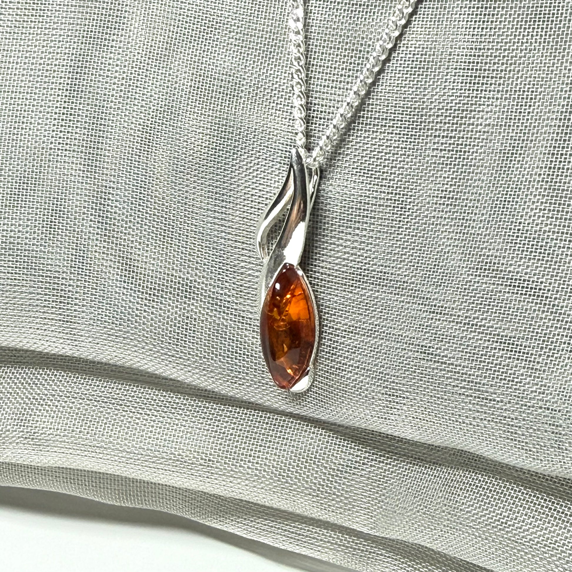 Sterling silver real amber marquise shape necklace open pierced pendant with a chain