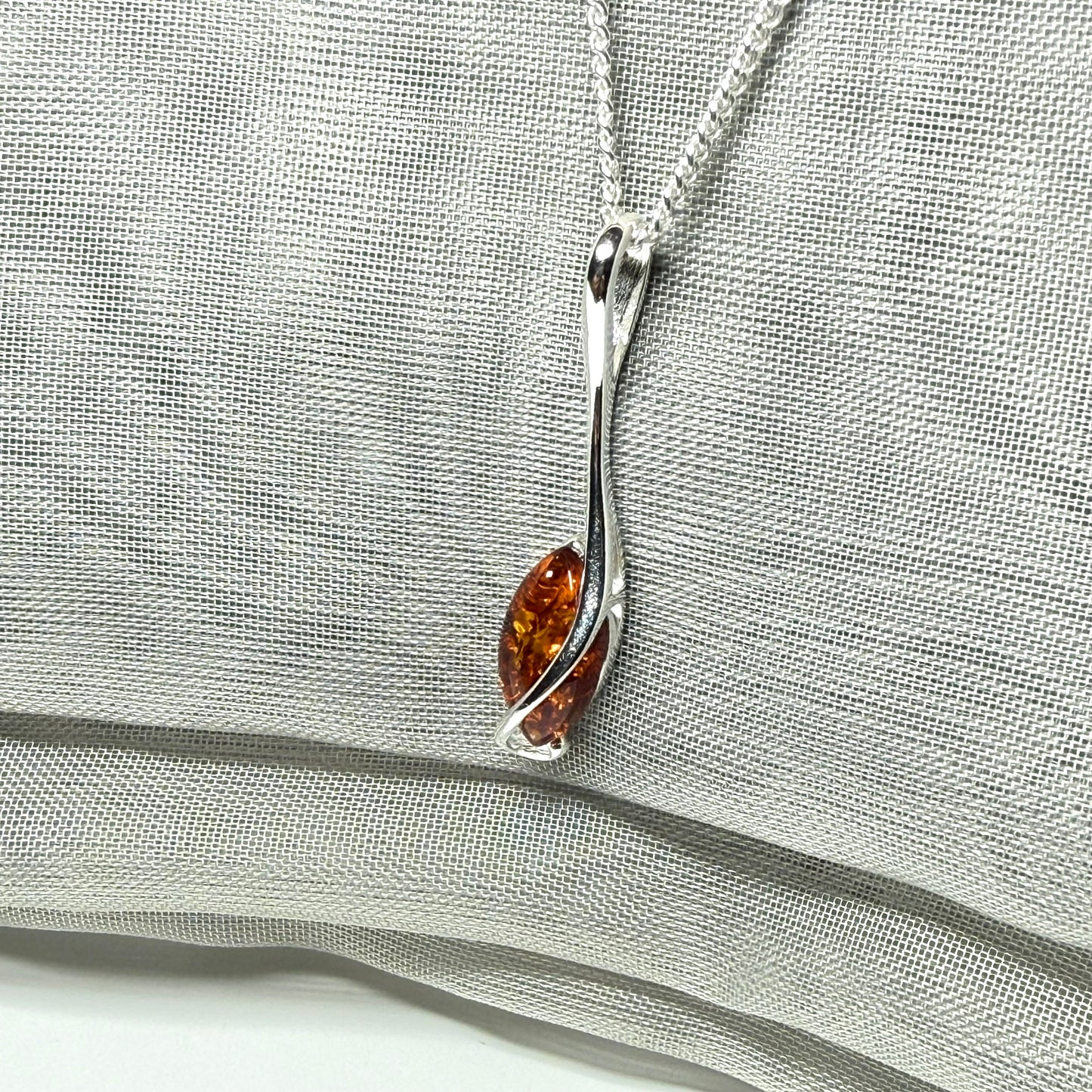Sterling silver real amber marquise shaped necklace swirled pendant