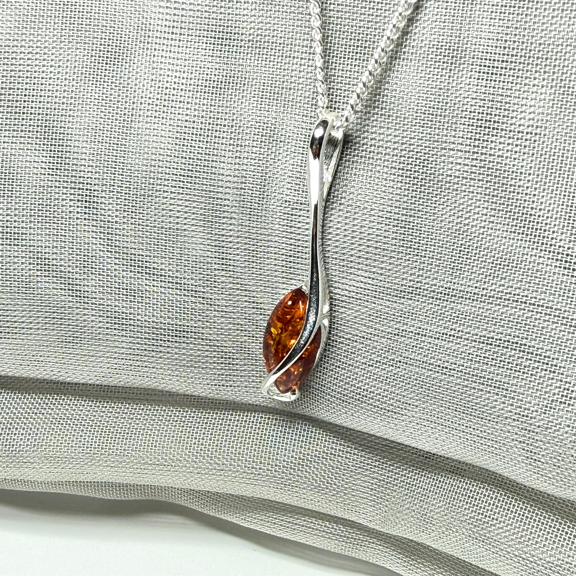 Sterling silver real amber marquise shaped necklace swirled pendant