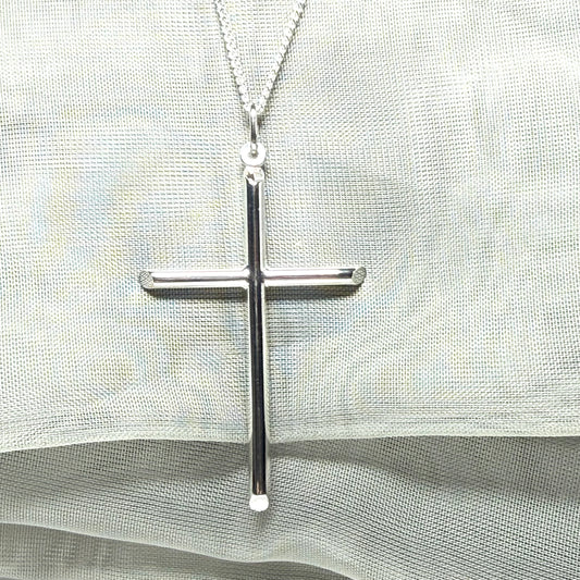 Sterling silver solid large plain polished cross including chain