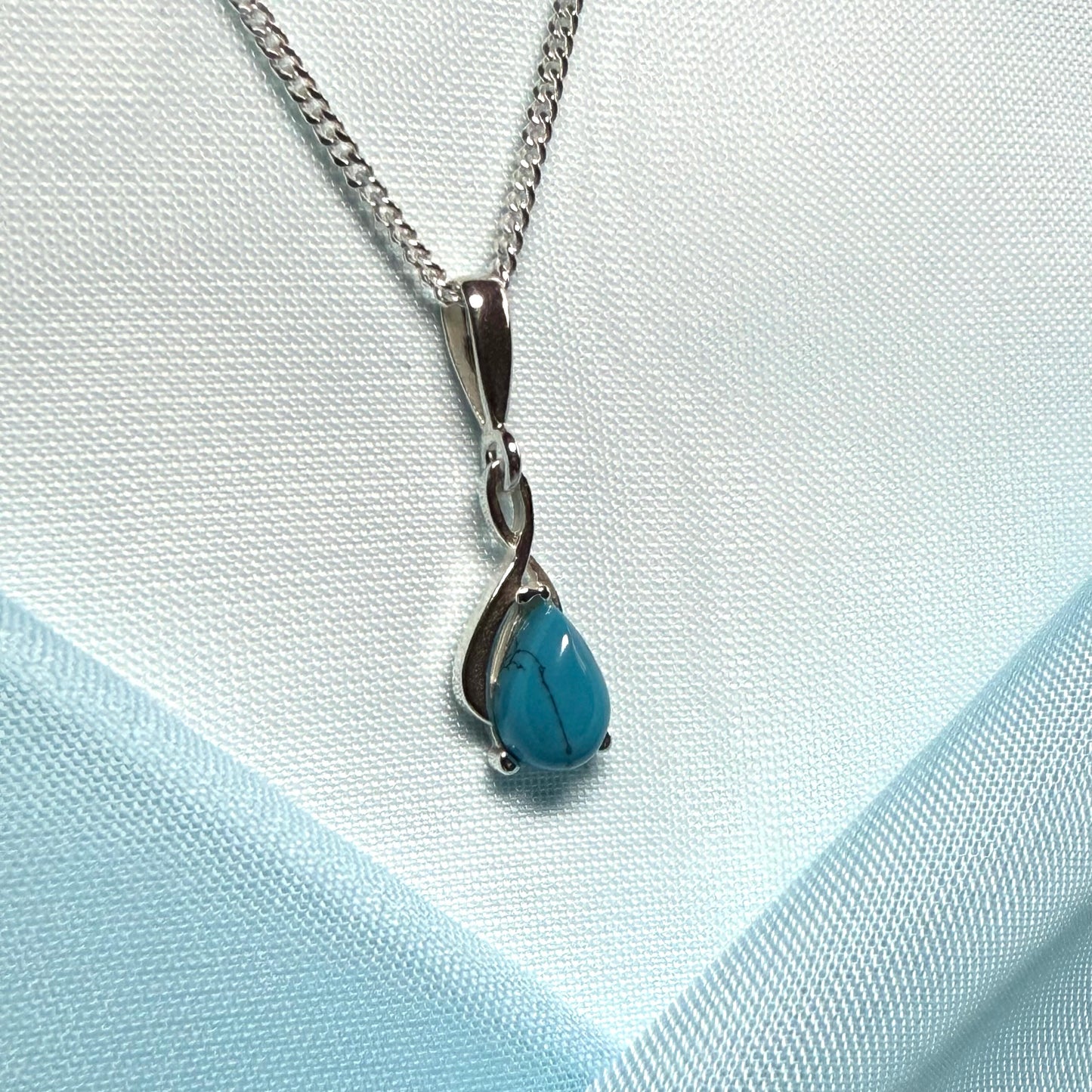 Sterling silver turquoise pear cut necklace open teardrop shaped pendant with chain