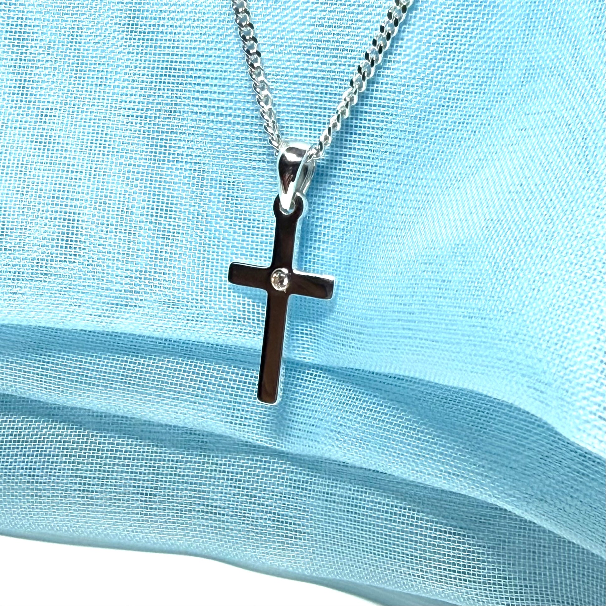 Diamond set cross solid sterling silver polished necklace