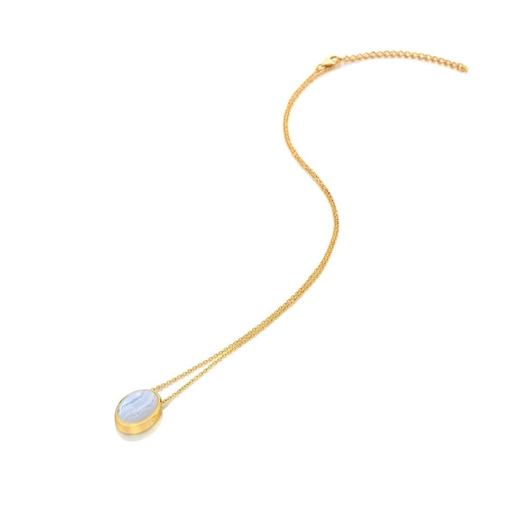 A Real Blue Agate and Diamond Oval Shaped Gold Plated Necklace