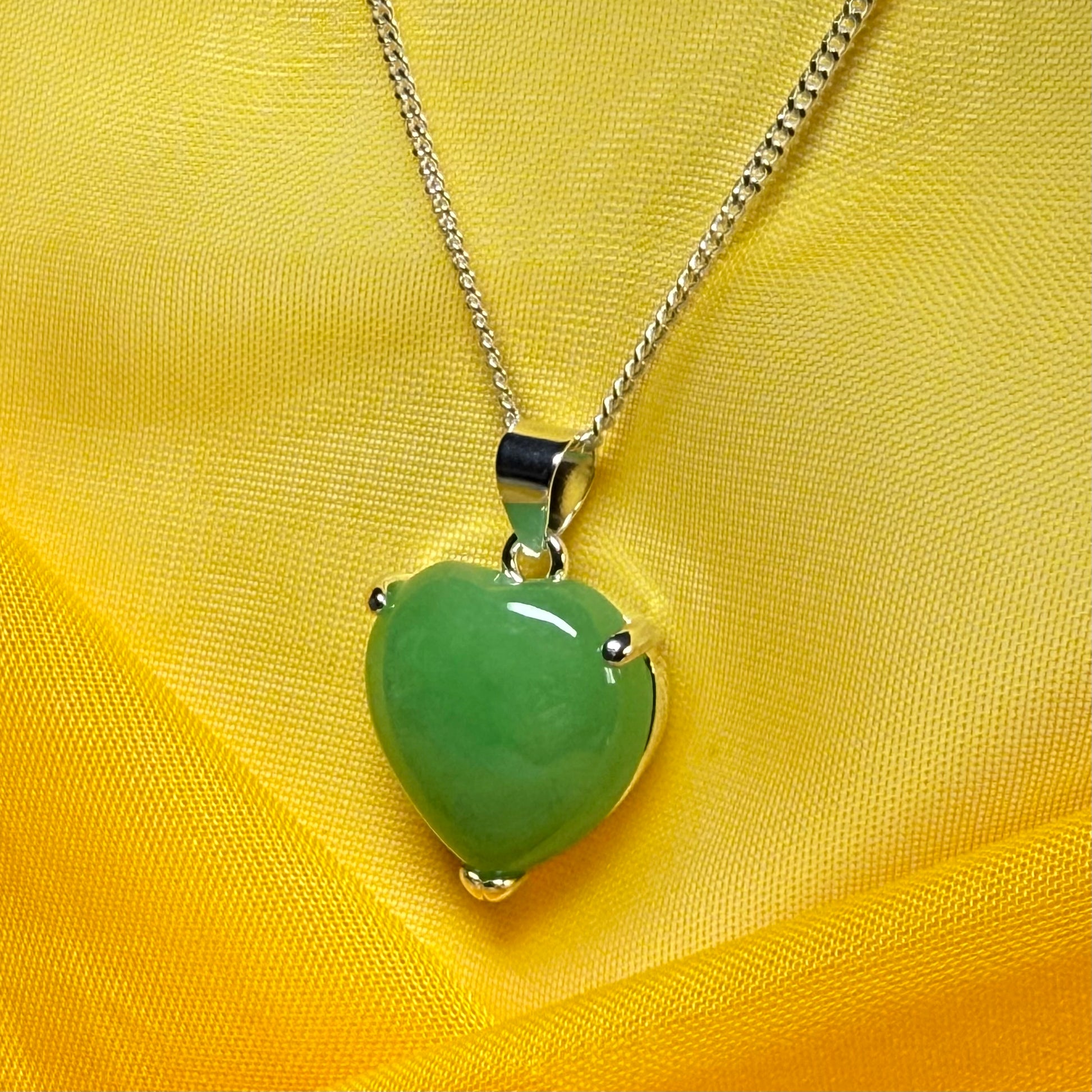A real green jade necklace heart shaped sterling silver pendant love necklace