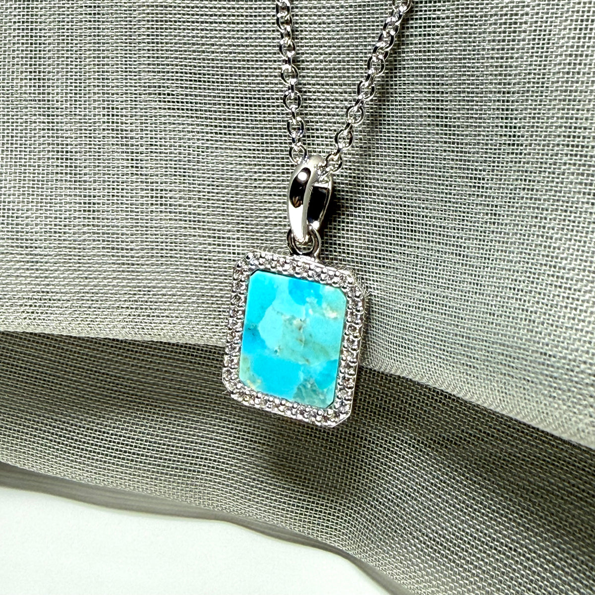 Turquoise and cubic zirconia blue green square necklace sterling silver with chain