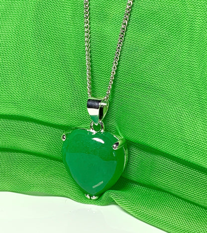 A beautiful real green jade necklace heart shape sterling silver pendant