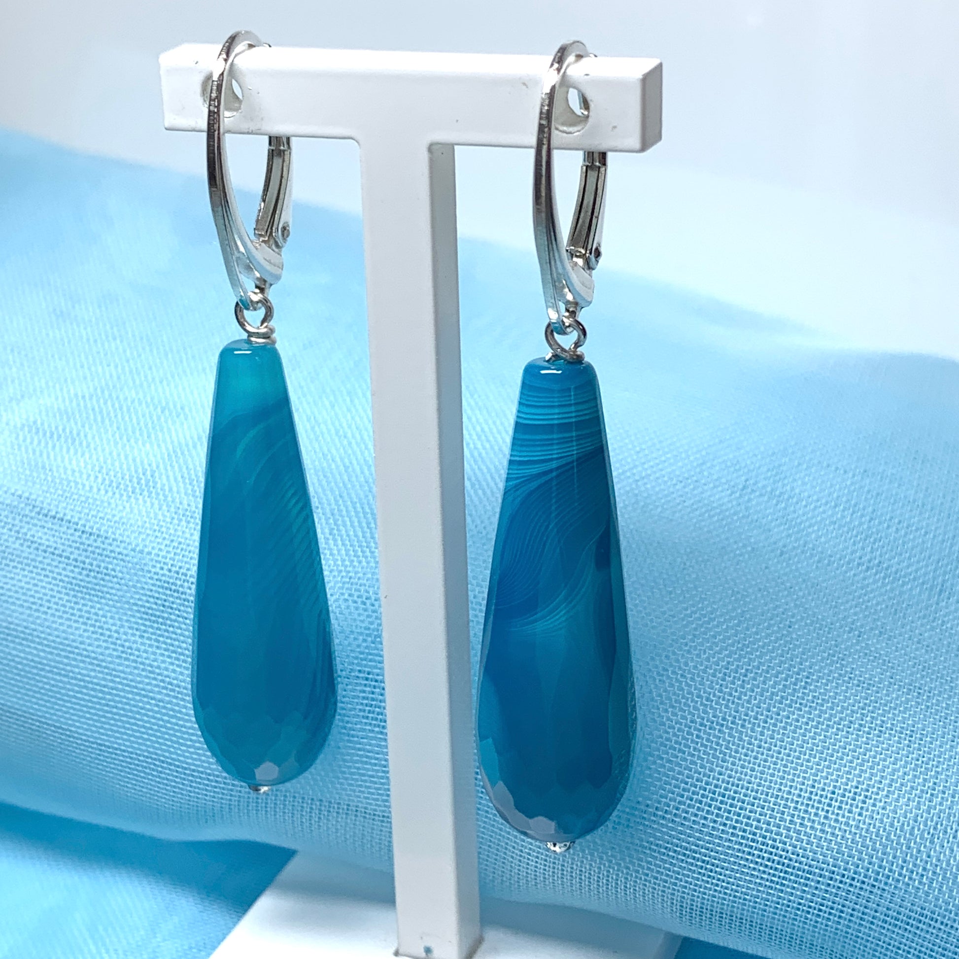 Agate light blue teardrop shaped long drop earrings