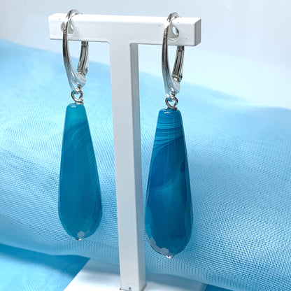 Agate light blue teardrop shaped long drop earrings