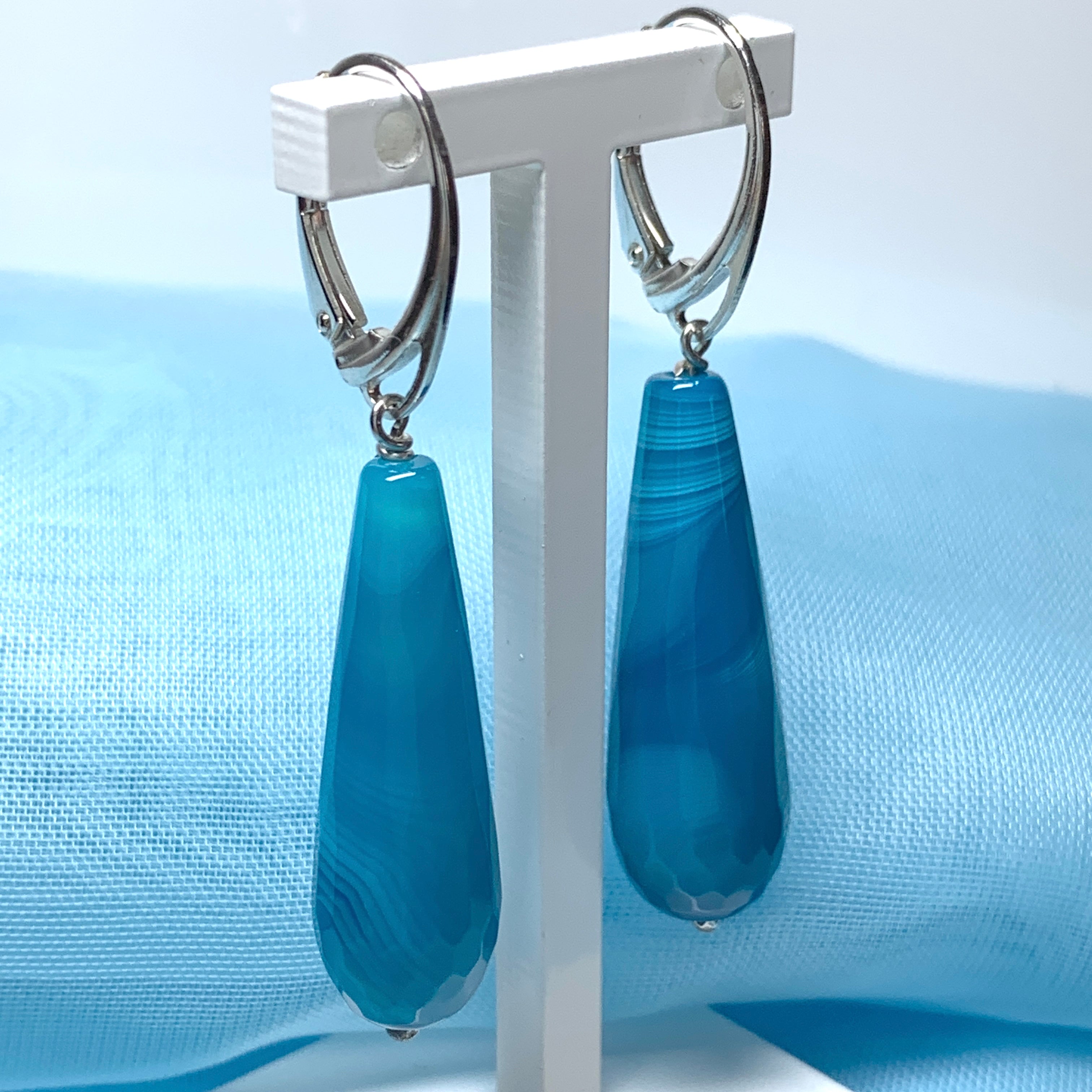 Agate light blue teardrop shaped long drop earrings Sarah Beth