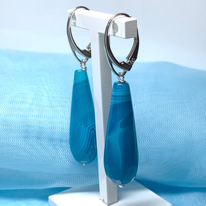 Agate light blue teardrop shaped long drop earrings