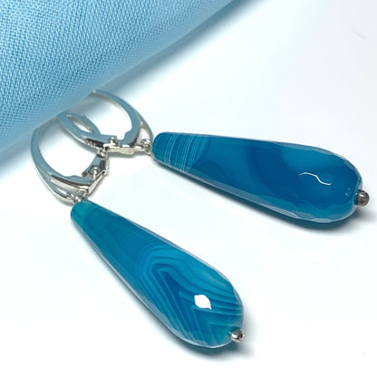 Agate light blue teardrop shaped long drop earrings