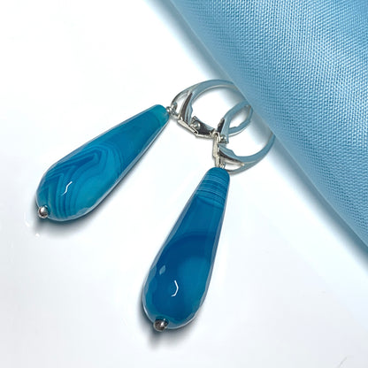 Agate light blue teardrop shaped long drop earrings