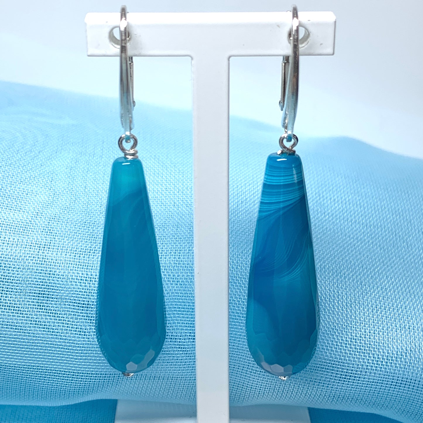 Agate light blue teardrop shaped long drop earrings
