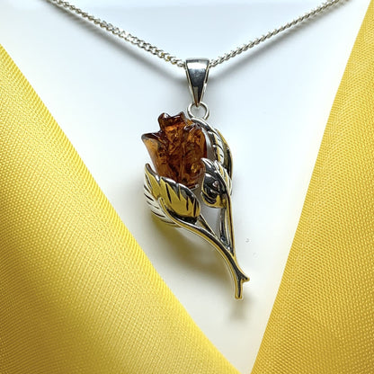 Amber Sterling Silver Rose Round Pendent Necklace