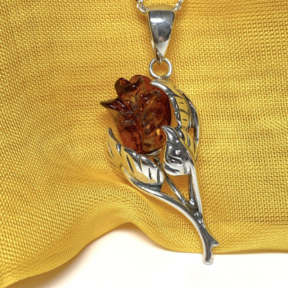 Amber Sterling Silver Rose Round Pendent Necklace