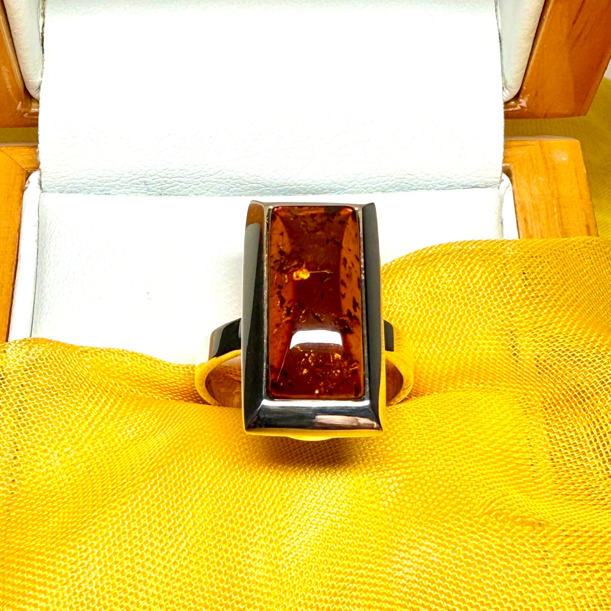 Real amber ring sterling silver square or rectangle shaped smooth rubbed over setting