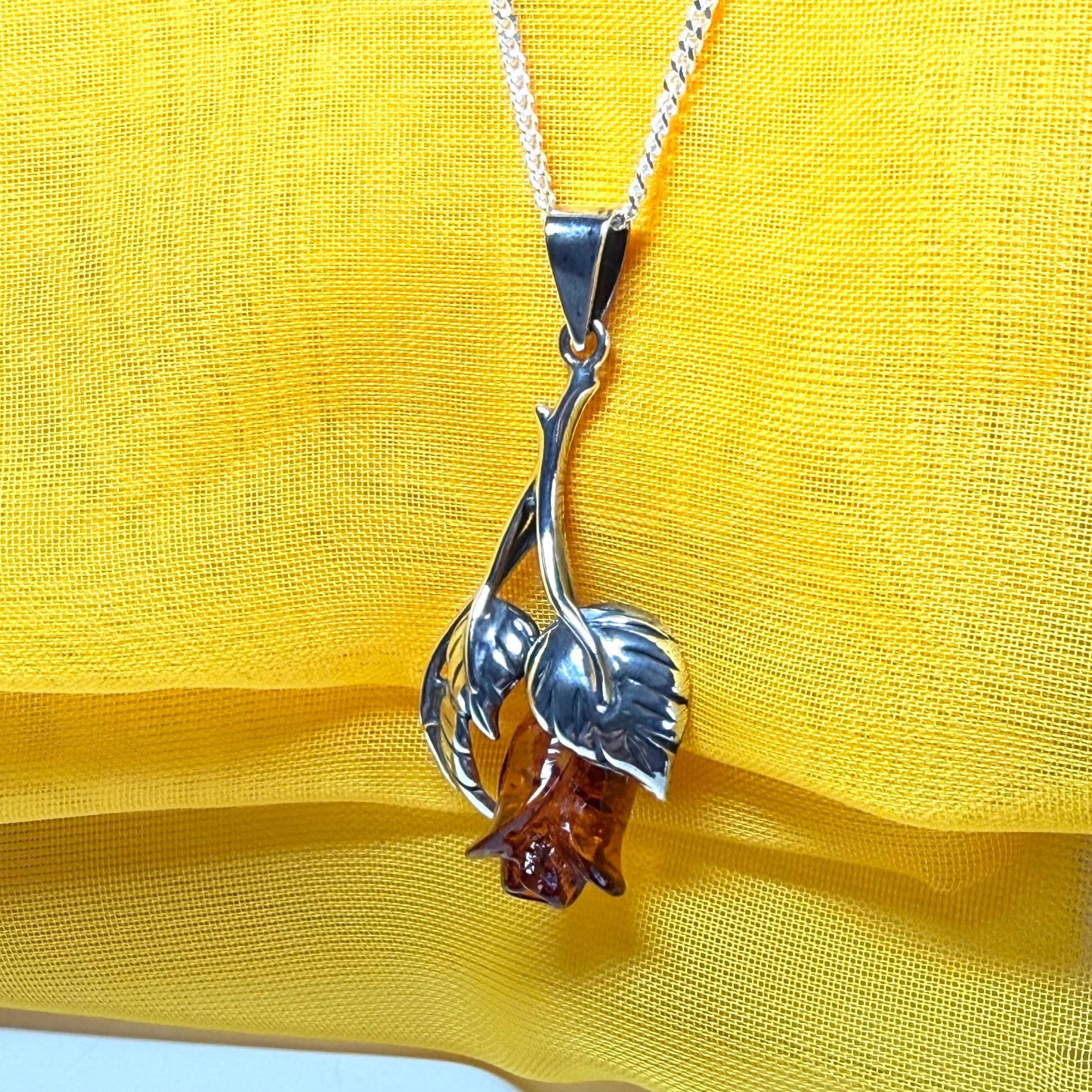 Amber rose shaped necklace sterling silver