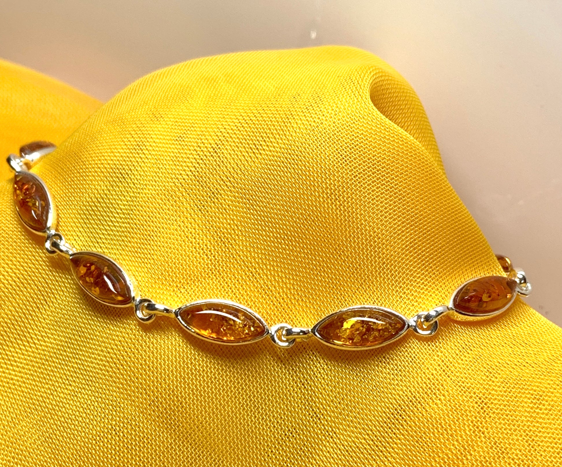 Real amber bracelet marquise cut sterling silver bracelet