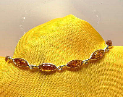 Real amber bracelet marquise cut sterling silver bracelet