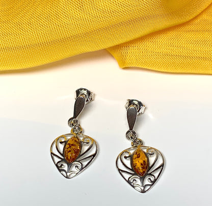 Heart shaped real amber drop earrings made in sterling silver