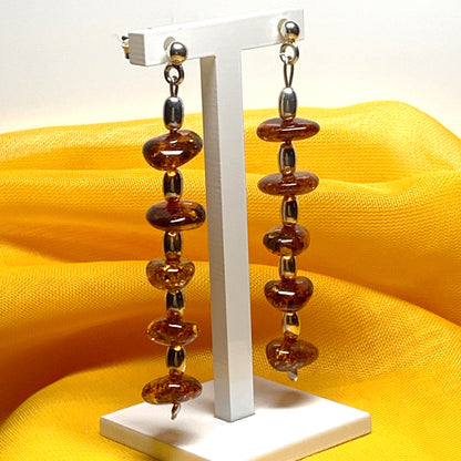 Real amber long drop earrings sterling silver