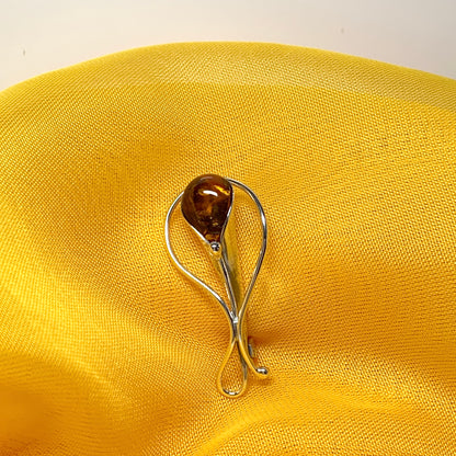 Real amber brooch sterling silver fancy swirl