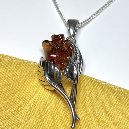 Amber Sterling Silver Rose Round Pendent Necklace