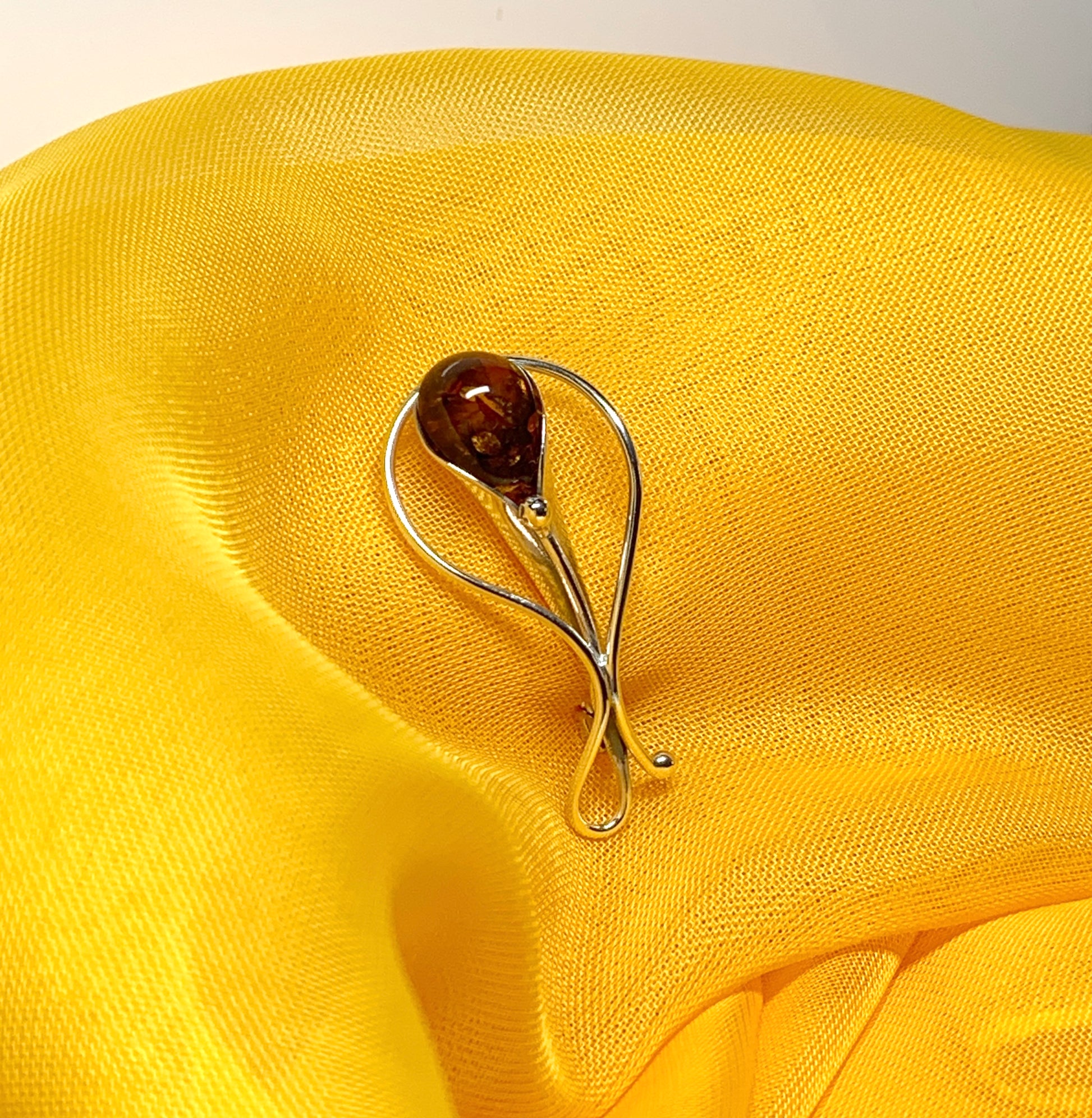 Real amber brooch sterling silver fancy swirl