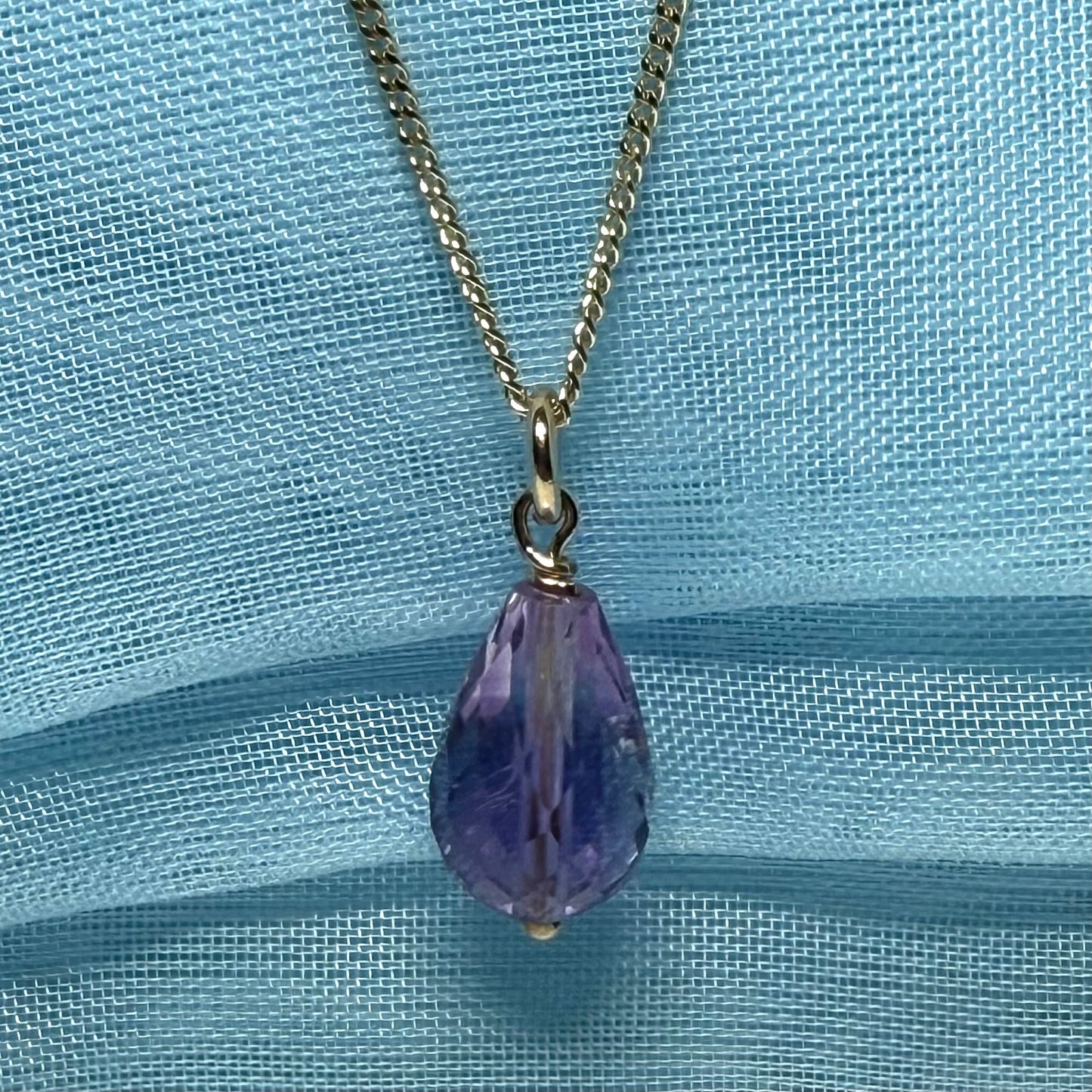 Amethyst necklace teardrop shaped yellow gold drop pendant