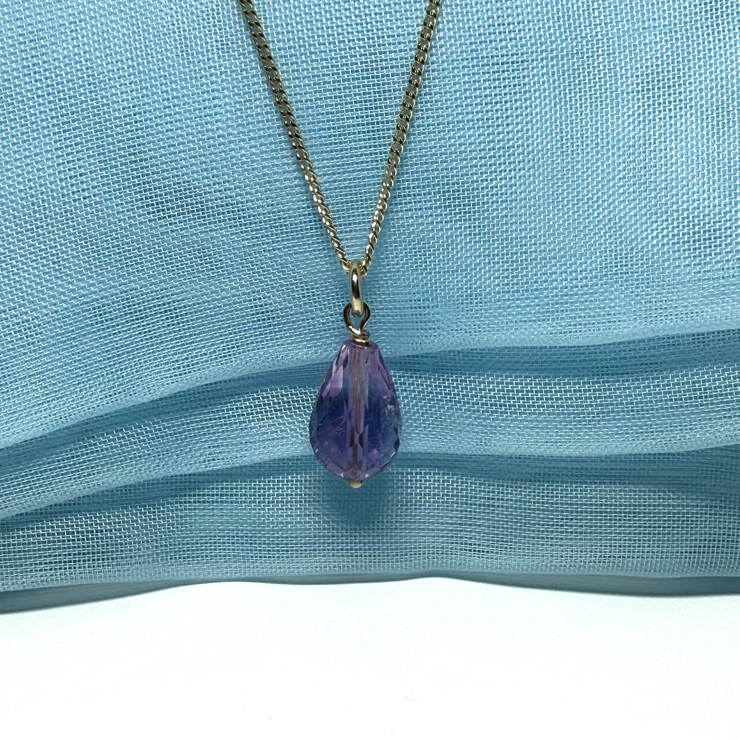 Amethyst necklace teardrop shaped yellow gold drop pendant With chain