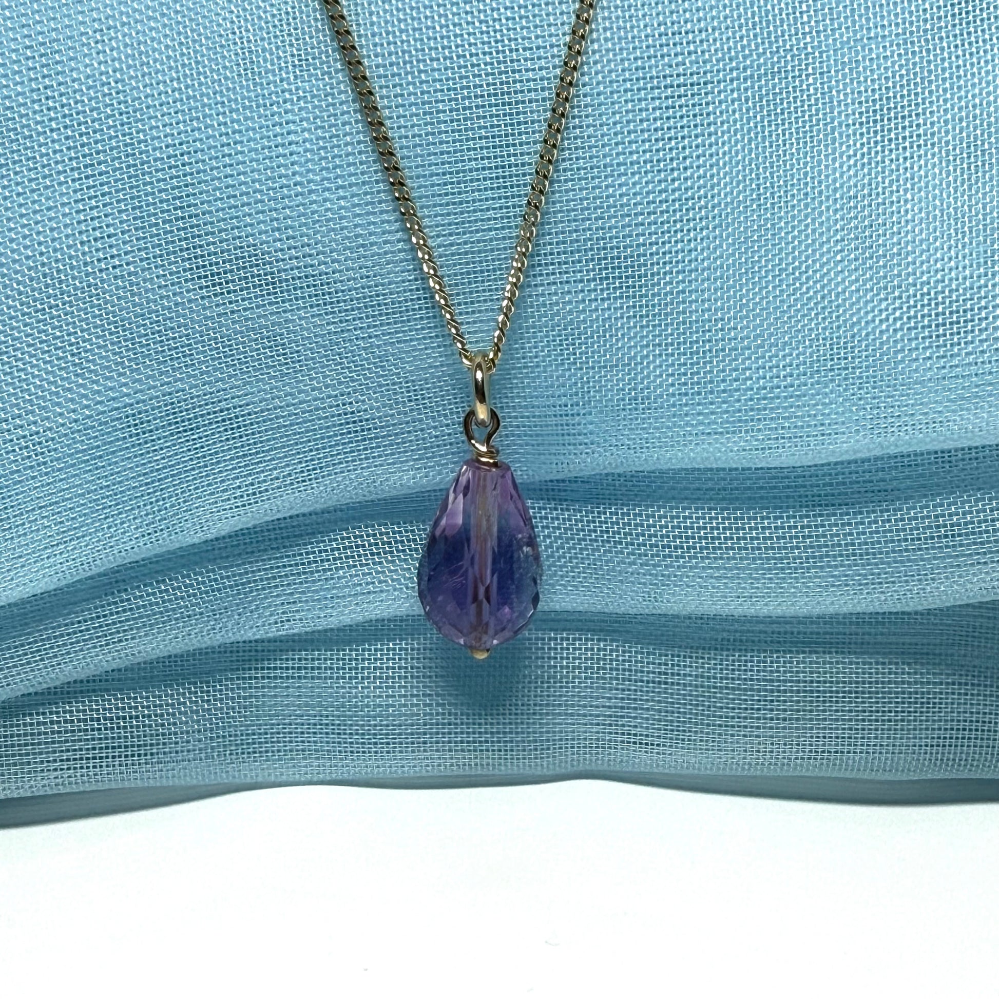 Amethyst necklace teardrop shaped yellow gold drop pendant With chain